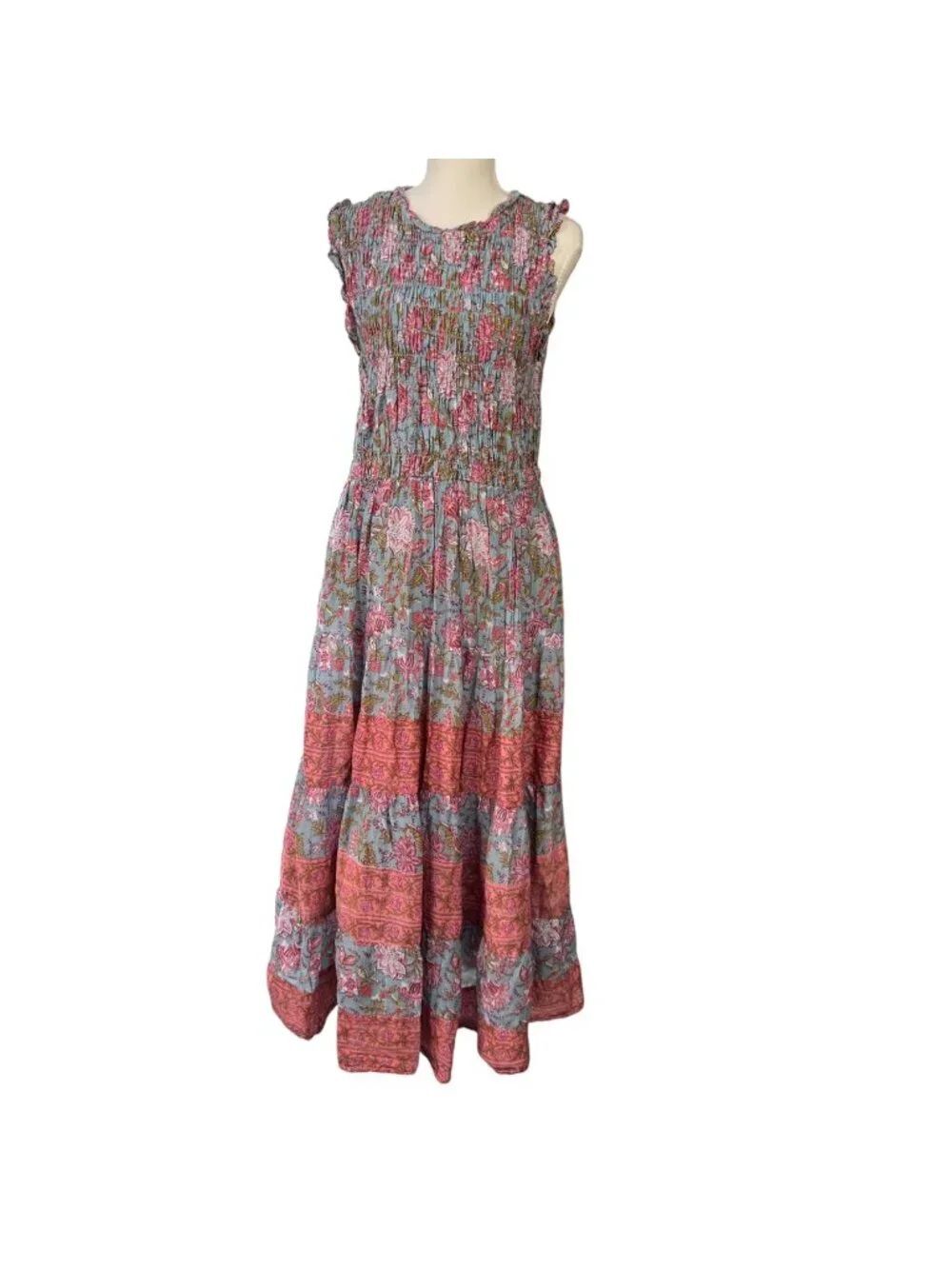 Calypso St. Barth Floral Smocked Maxi Dress Sleeveless Ruffle Trim Size Large